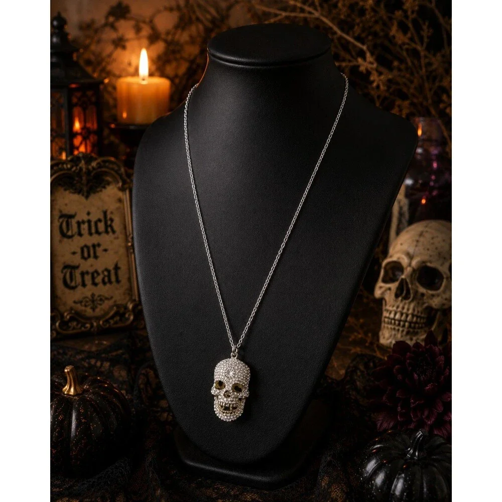 Rhinestone Skull Pendant Necklace, Gothic Halloween Statement Jewelry